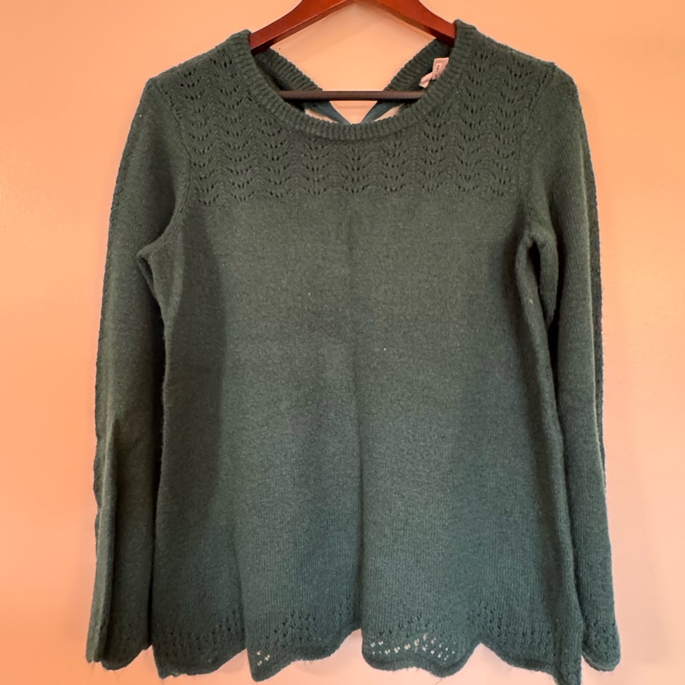 LC Lauren Conrad Green Crew Neck Sweater with Satin Tie Back Detail Bell Sleeves